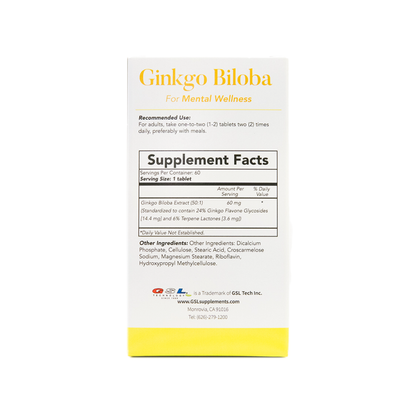 Ginkgo Biloba | 60MG of Ginkgo Biloba 50:1 Extract (Equivalent to 3000MG Per Tablet) | Made in USA (60 Tablets)